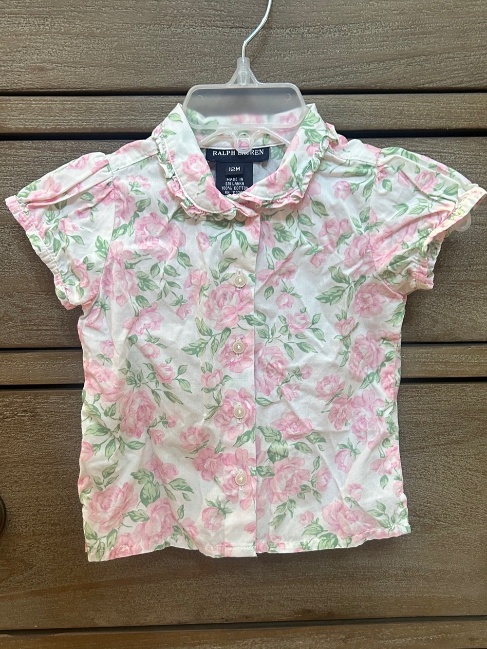 Ralph Lauren Baby White and Pink Floral Ruffled Collar Blouse - 12M